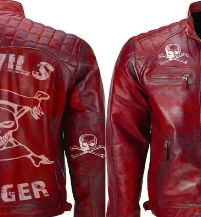 Men Red Devil Design Vintage Biker Motorcycle Distressed Leather Jacket