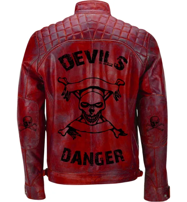 Men Red Devil Design Vintage Biker Motorcycle Distressed Leather Jacket