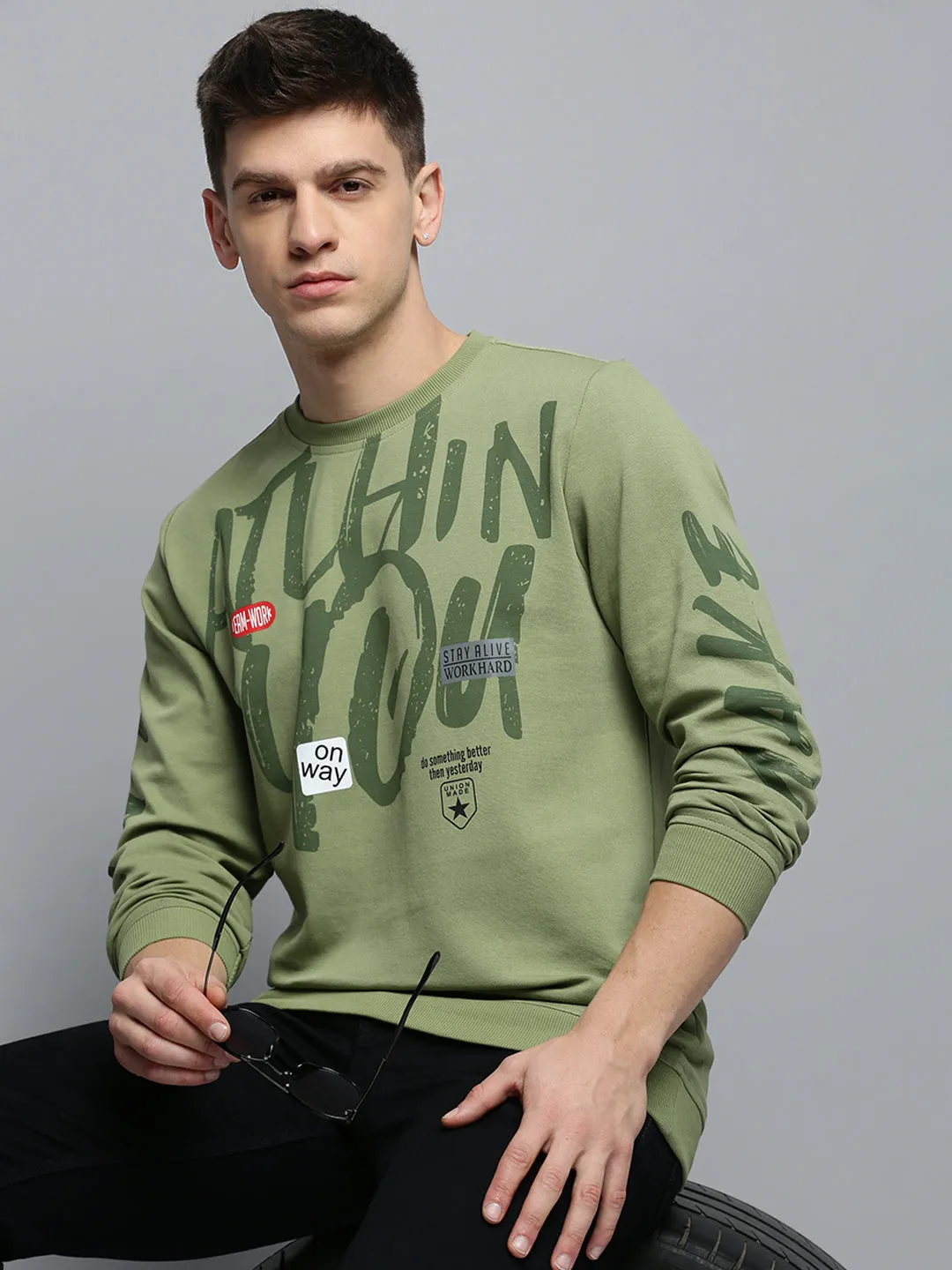 Men Round Neck Printed Green Pullover