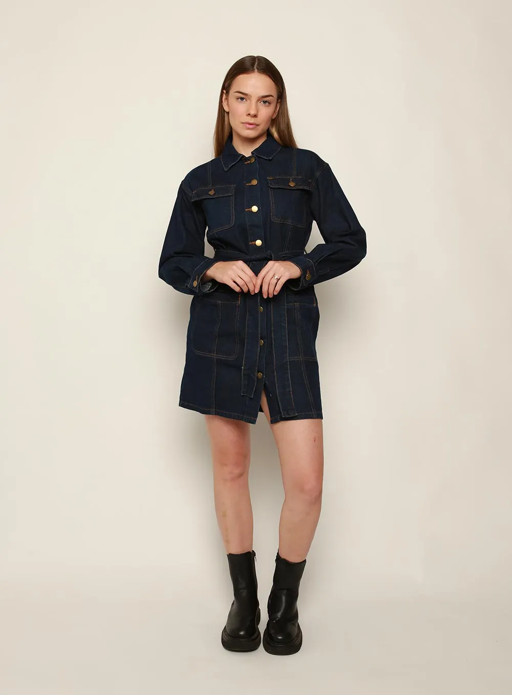 Mindy Long Sleeve Denim Dress-DARK BLUE