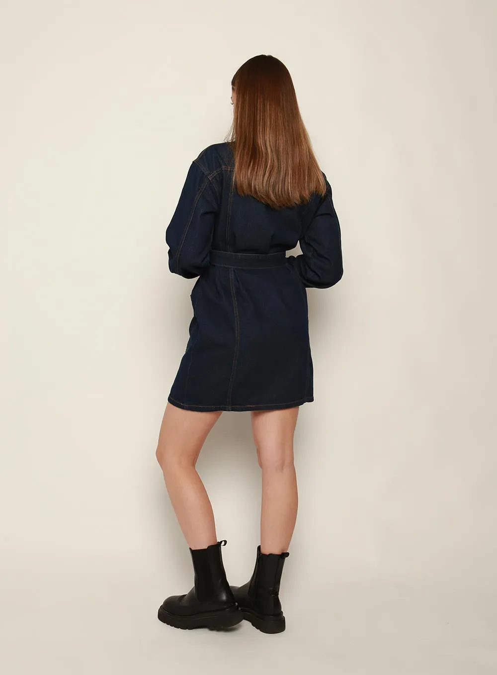 Mindy Long Sleeve Denim Dress-DARK BLUE