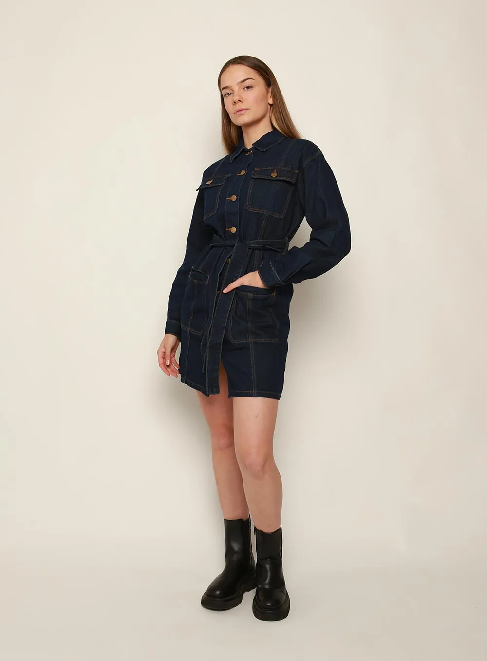 Mindy Long Sleeve Denim Dress-DARK BLUE