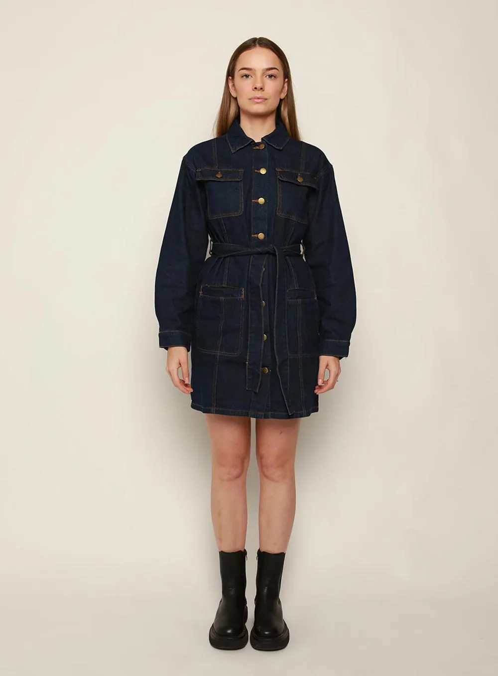 Mindy Long Sleeve Denim Dress-DARK BLUE