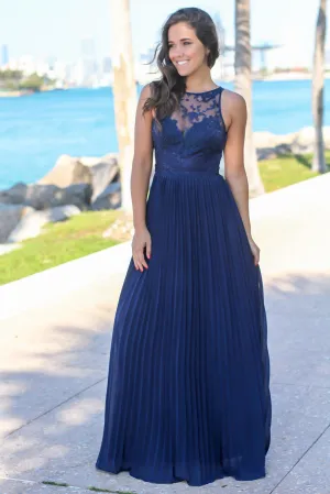 Navy Pleated Maxi Dress with Embroidered Top