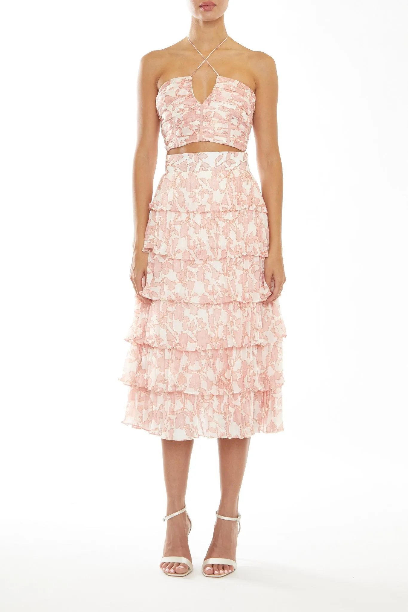 Nora Co-Ord Cream-Pink Outline Flower Tiered Pleated Midi Skirt