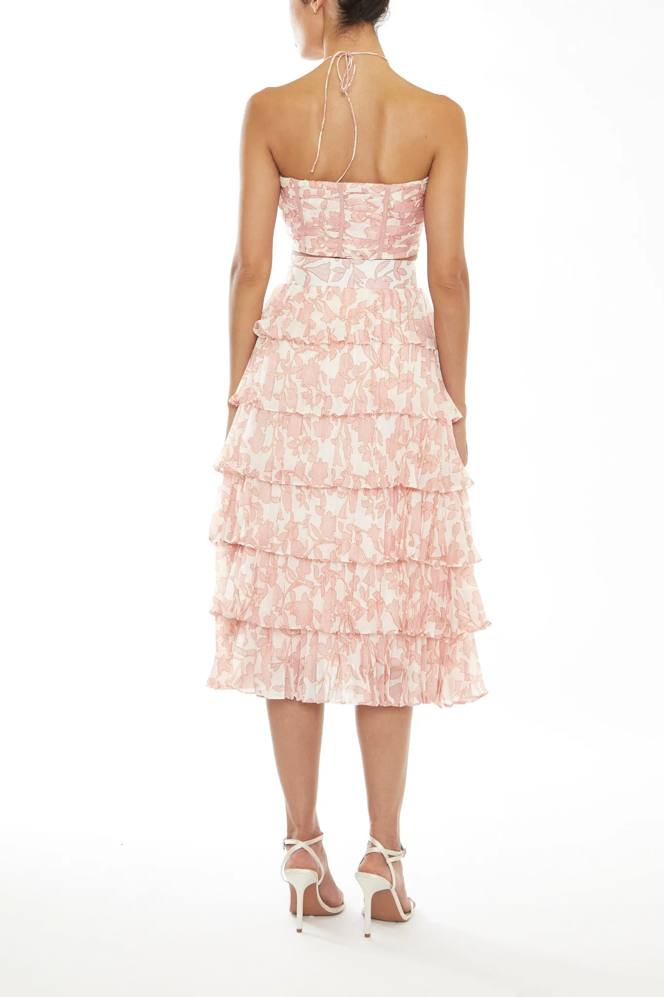 Nora Co-Ord Cream-Pink Outline Flower Tiered Pleated Midi Skirt