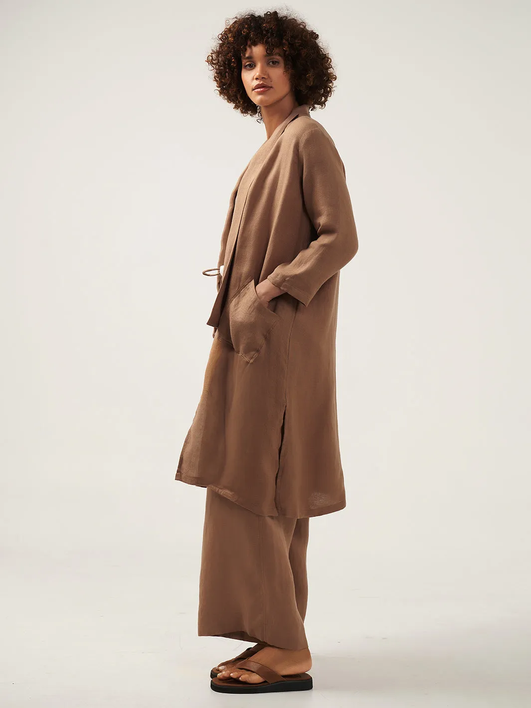 Nova Longline Linen Coat Desert Sand