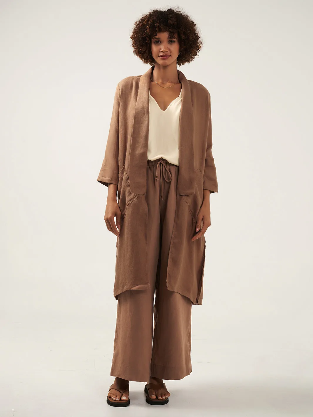 Nova Longline Linen Coat Desert Sand