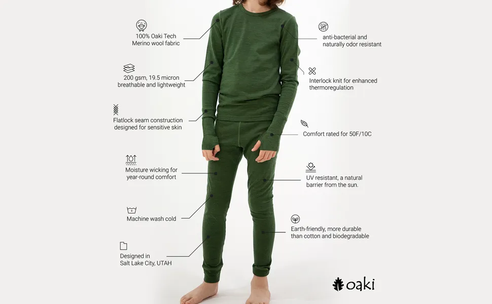 Oaki Kids Ultra-Soft Merino Wool Base Layer Kids, Breathable Merino Base Layer, Boys & Girls Thermals for Kids, Red Clay