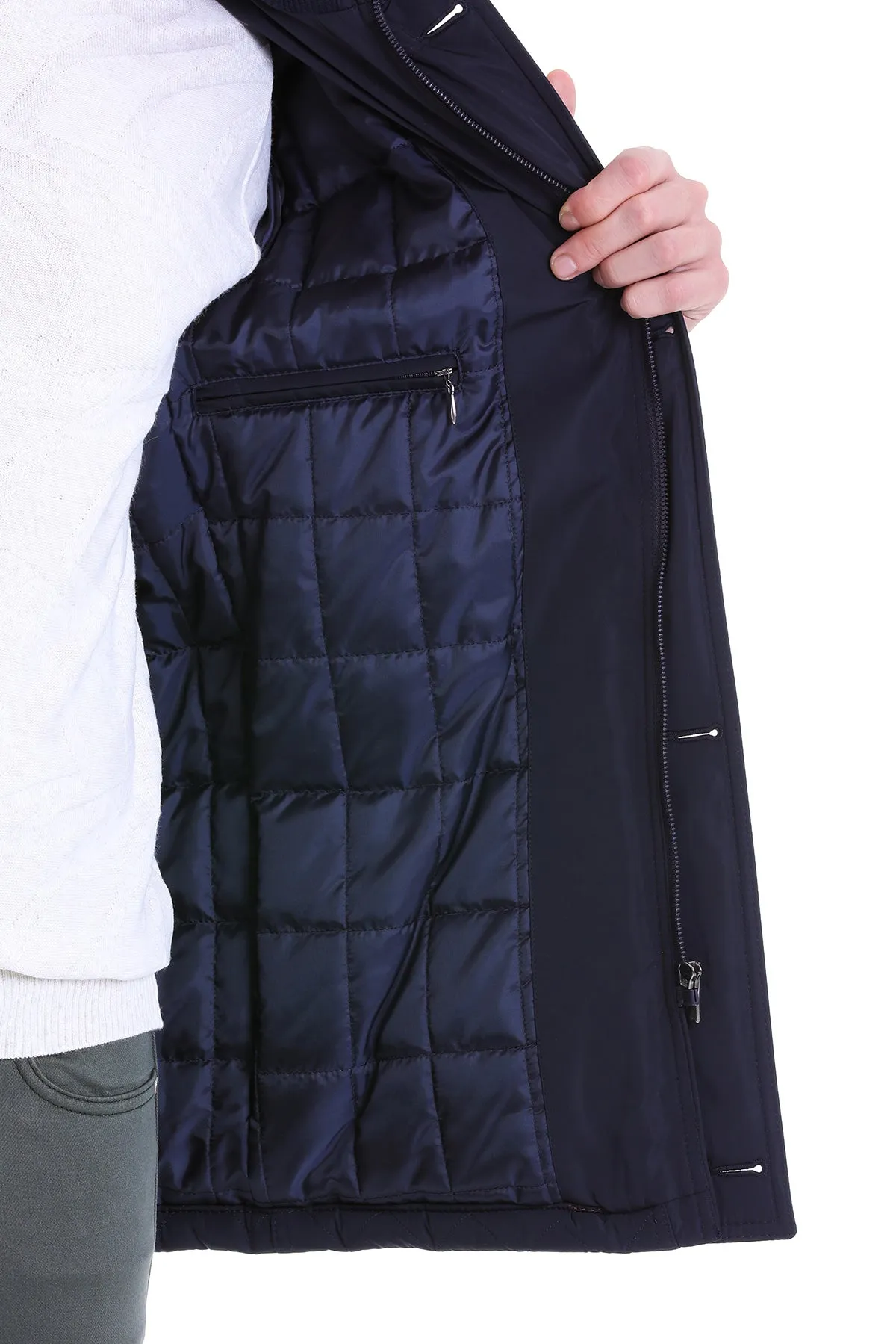 Regular Fit Quilted 1655 Stand Collar Khaki Coat, Navy