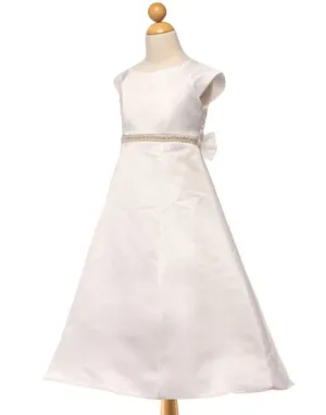 Satin A-Line Dress with Beaded Waist belt - Ivory