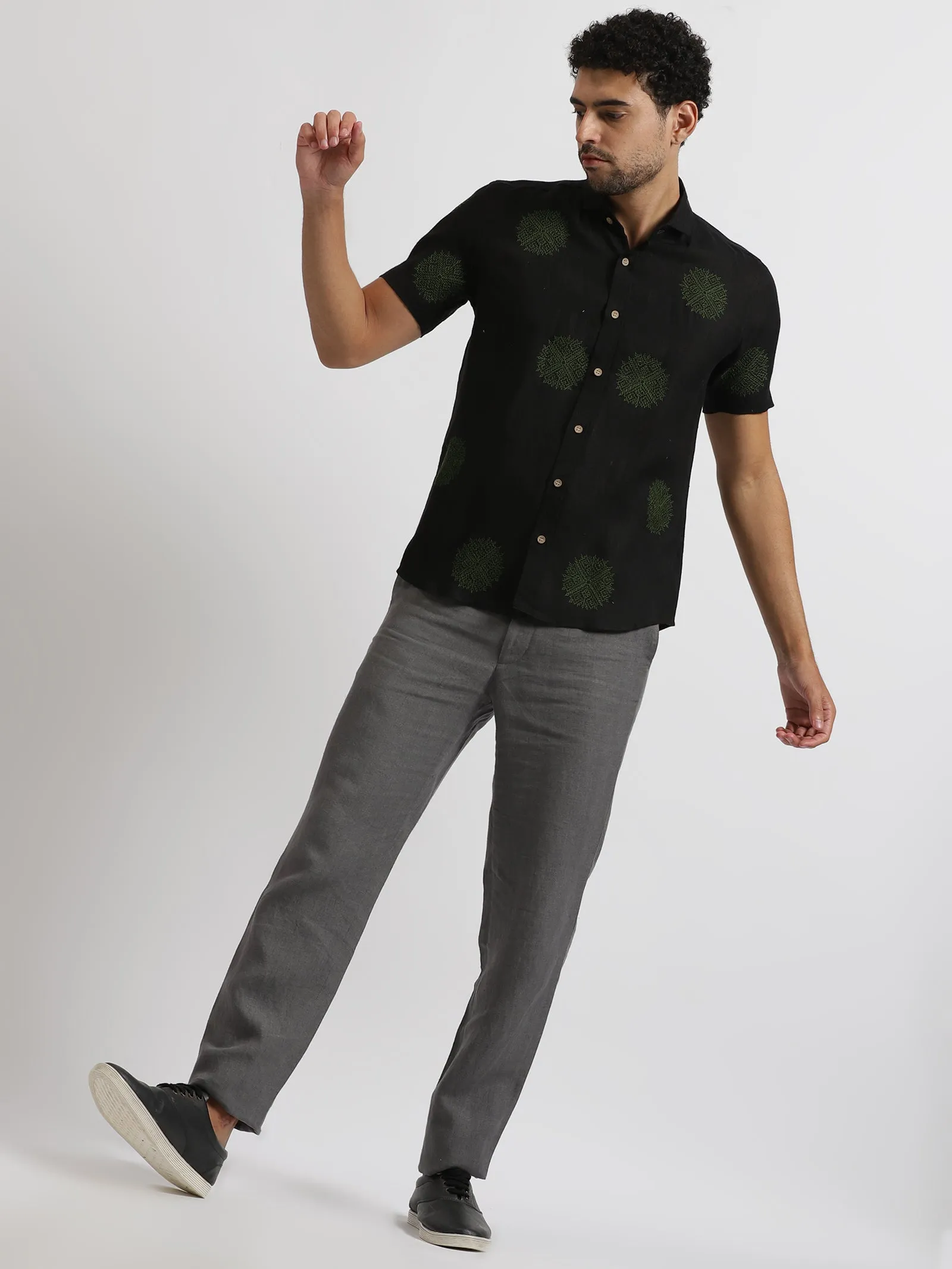 Shane - Pure Linen Embroidered Half Sleeve Shirt - Black & Green