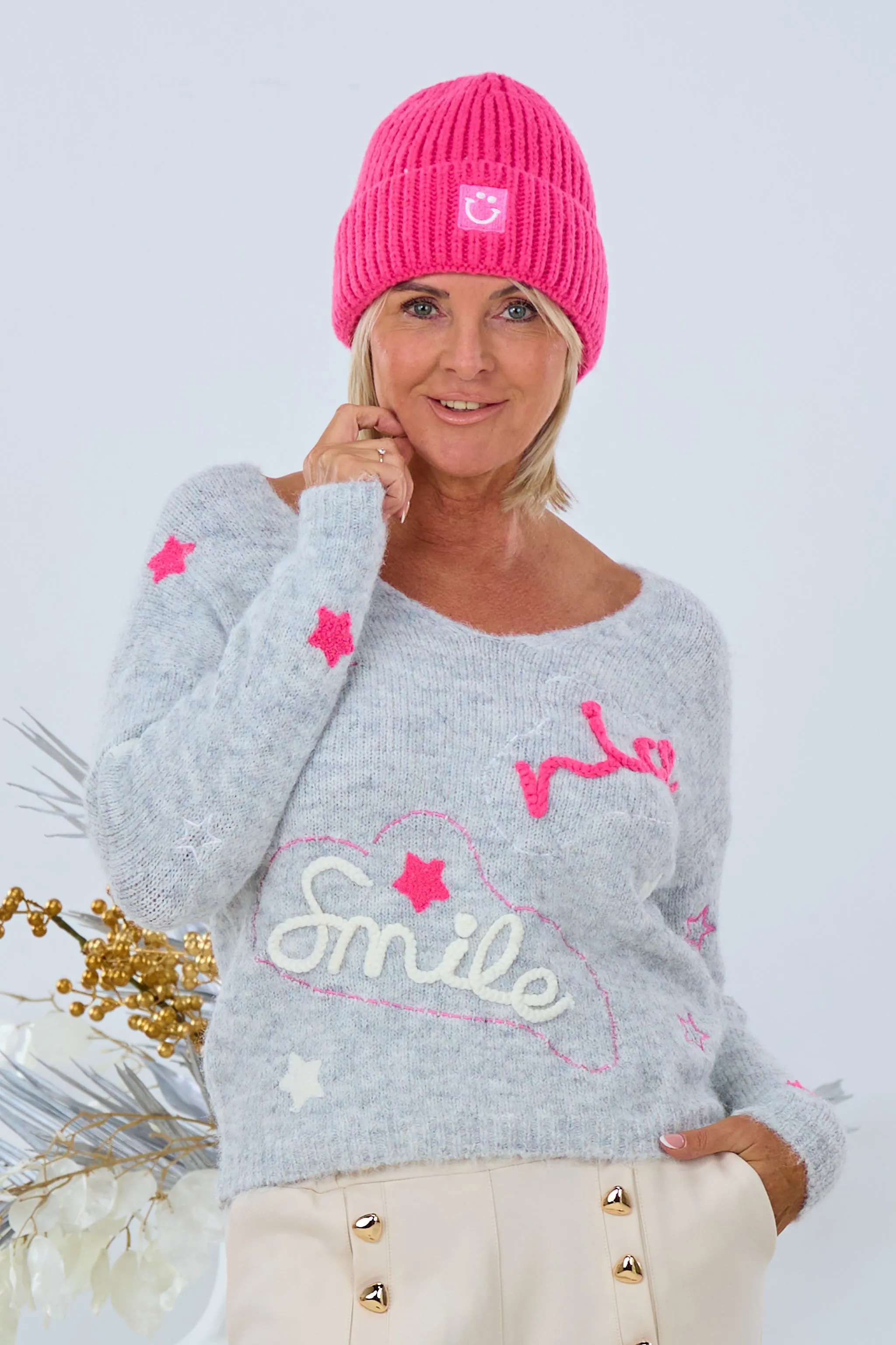 Strickpullover mit "Smile nice" Motiv, grau