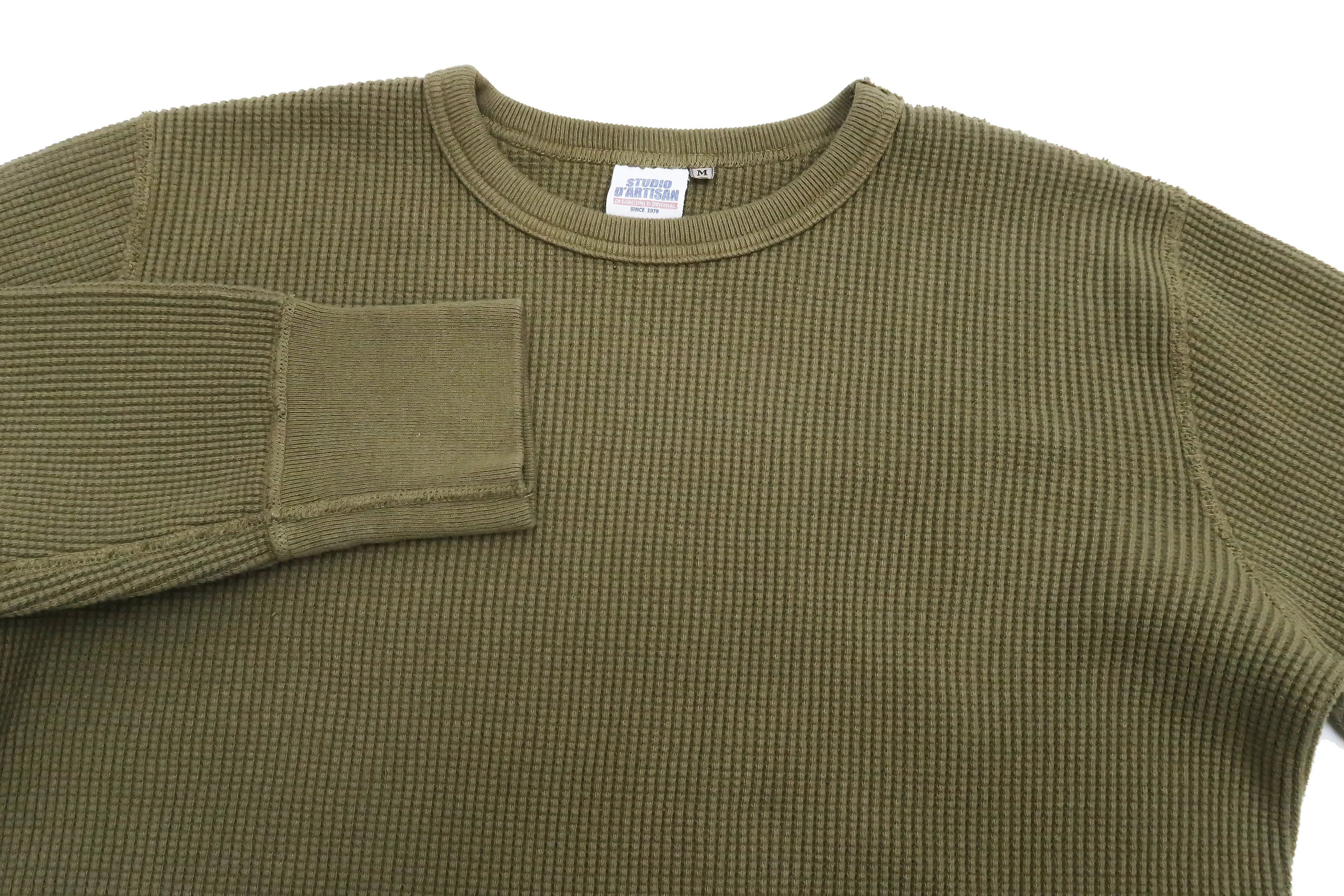 Studio D'artisan Waffle-Knit Thermal T-Shirt Men's Casual Long Sleeve Plain Crew-Neck Heavyweight Thermal Tee 9936 Khaki