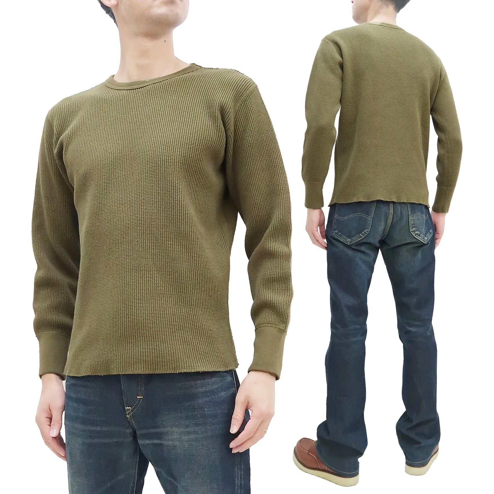 Studio D'artisan Waffle-Knit Thermal T-Shirt Men's Casual Long Sleeve Plain Crew-Neck Heavyweight Thermal Tee 9936 Khaki