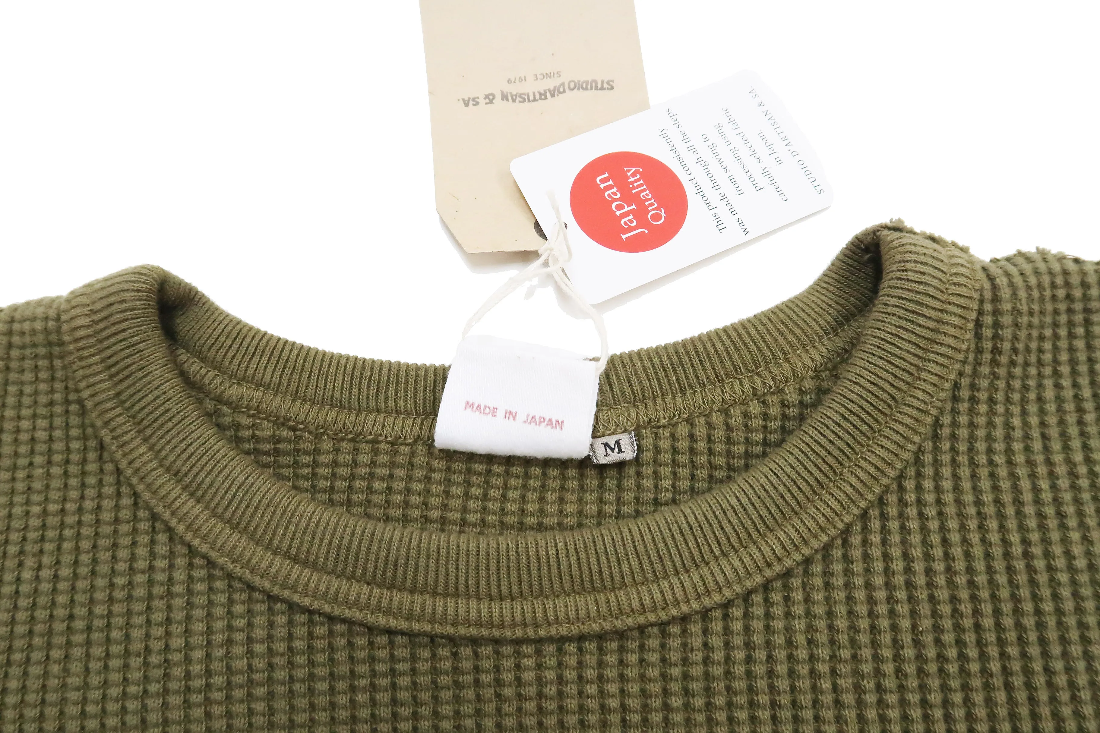 Studio D'artisan Waffle-Knit Thermal T-Shirt Men's Casual Long Sleeve Plain Crew-Neck Heavyweight Thermal Tee 9936 Khaki