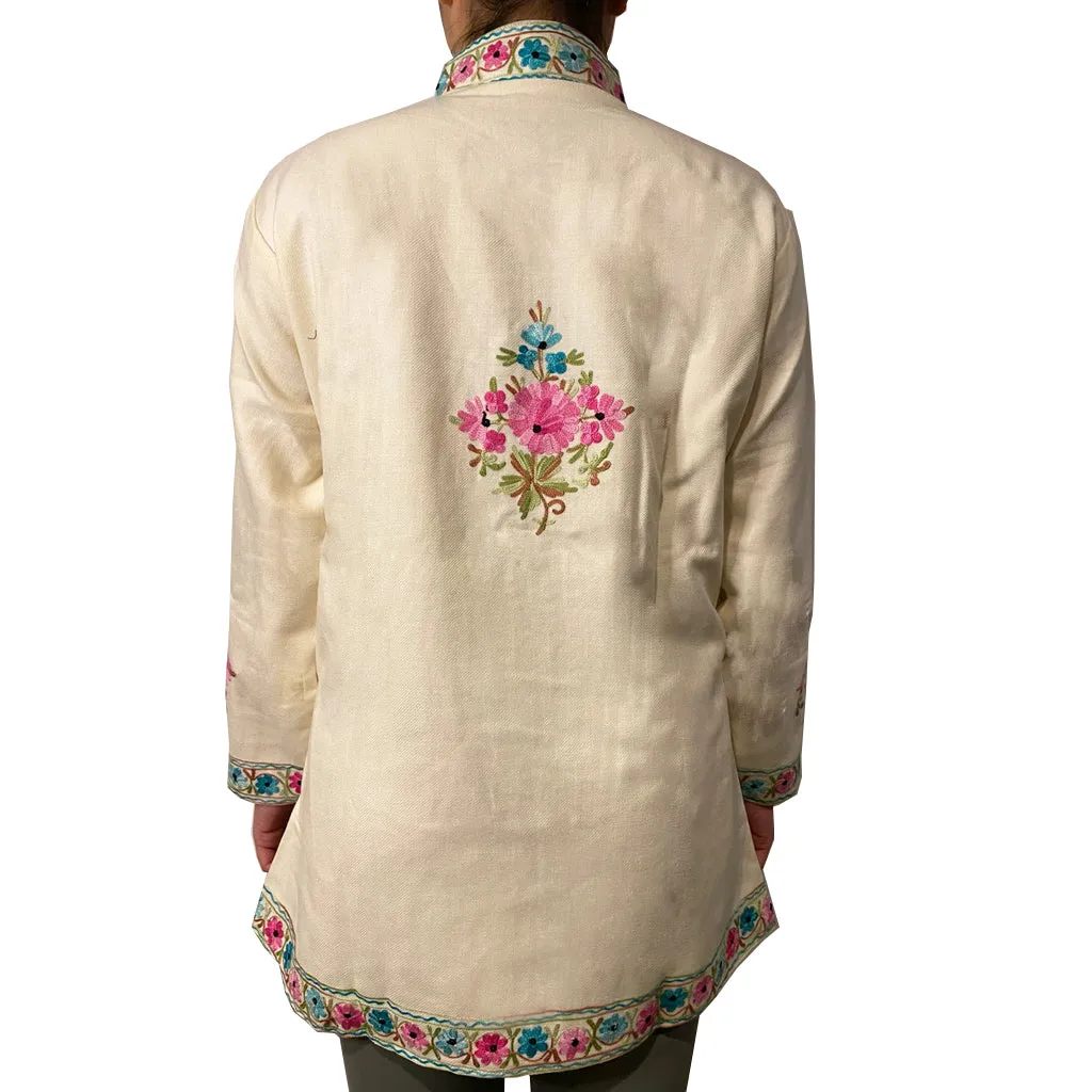 Taj Mahal Cream Floral Wool Embroidered Jacket