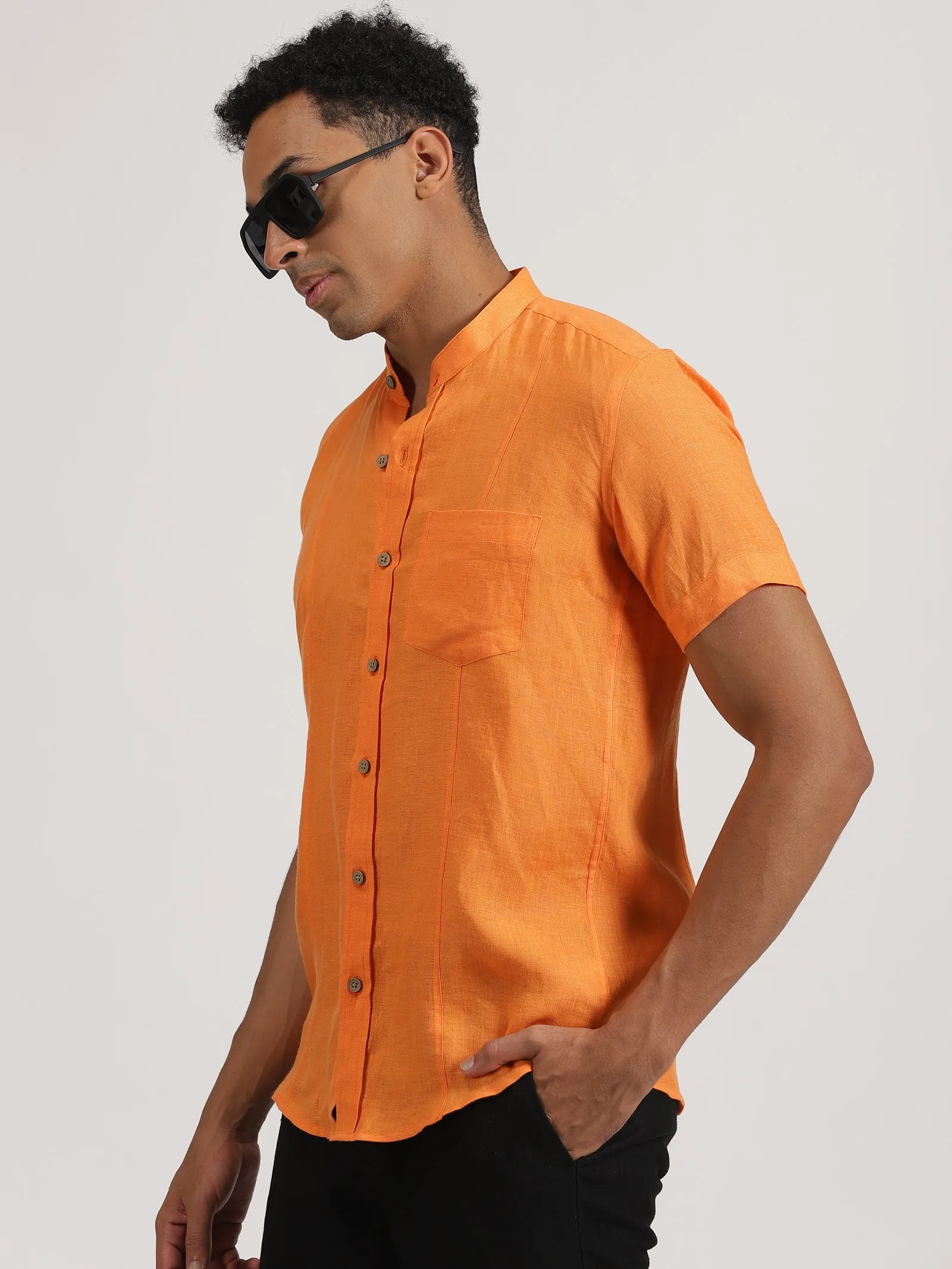 Trevor - Pure Linen Mandarin Collar Short Sleeve Shirt - Beer Orange (Factory Rescue)