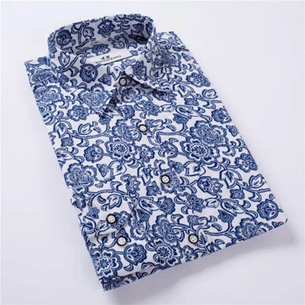 Turn down Collar Long Sleeve Slim Fit Casual Shirts Mens Spring Fall Blue White Floral Printing