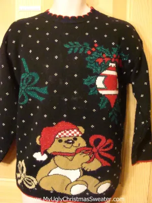 Ugly Christmas Sweater Cheesy 80s Bear and Bow