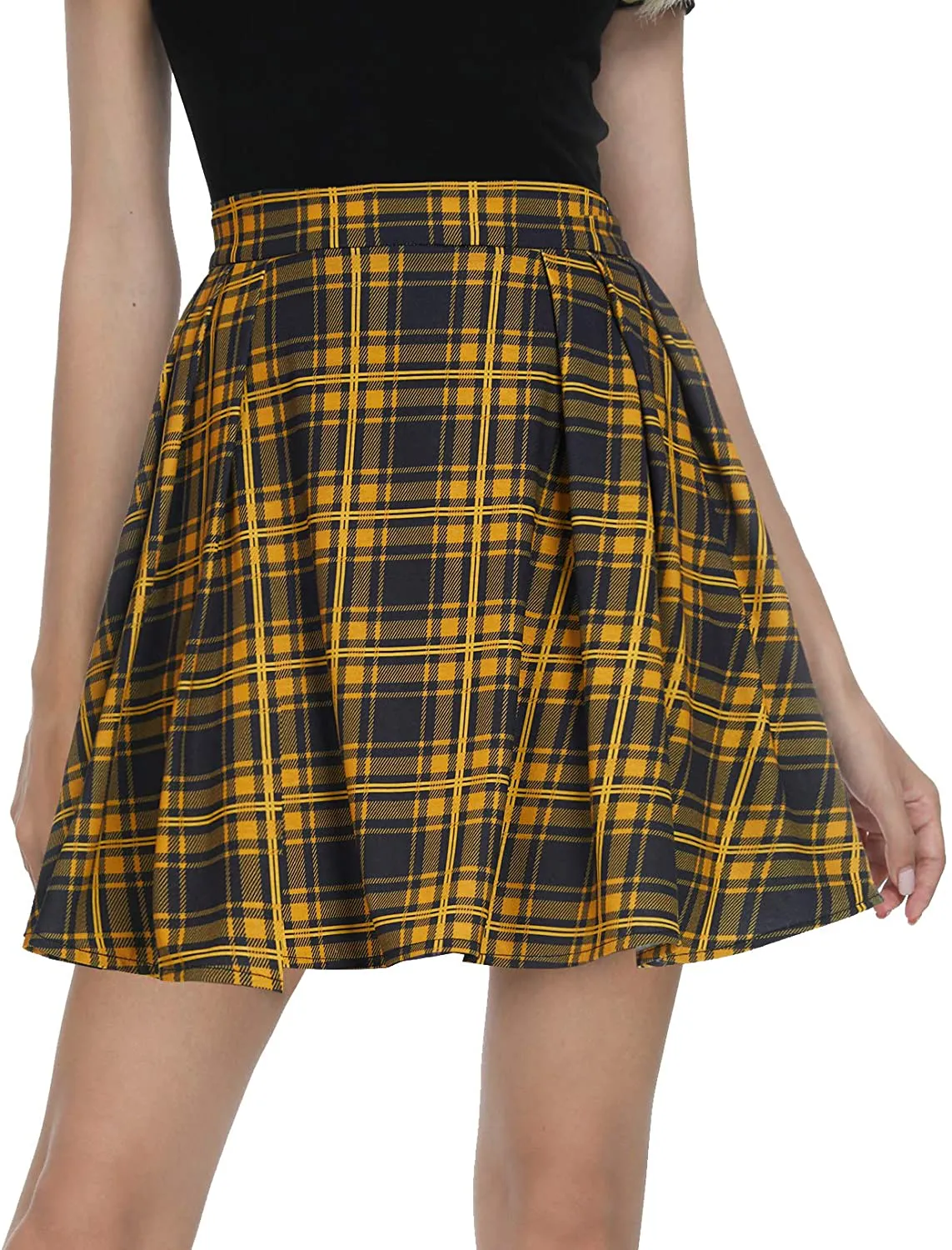 Urban CoCo Women Plaid Pleated Mini Skater Skirt High Waisted School Skirt