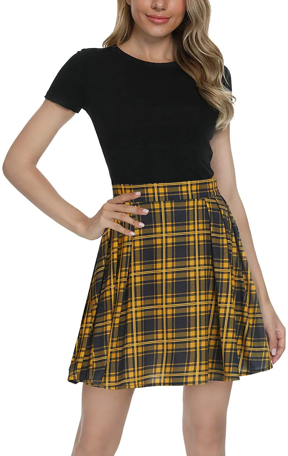 Urban CoCo Women Plaid Pleated Mini Skater Skirt High Waisted School Skirt