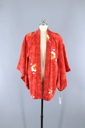 Vintage 1950s Silk Haori Kimono Jacket Cardigan / Orange Red Shibori