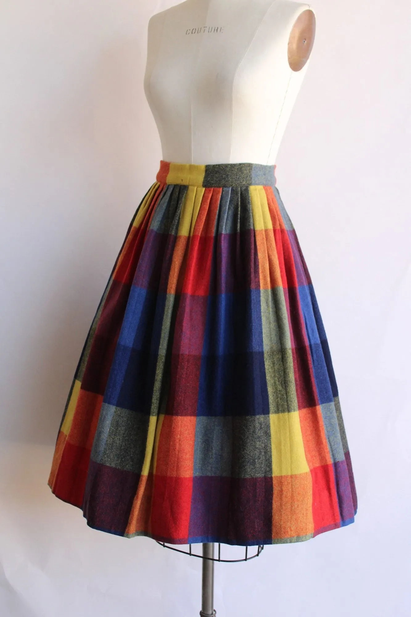 Vintage 1960s Wool Junior House Rainbow Windowpane Check Pleated Skirt