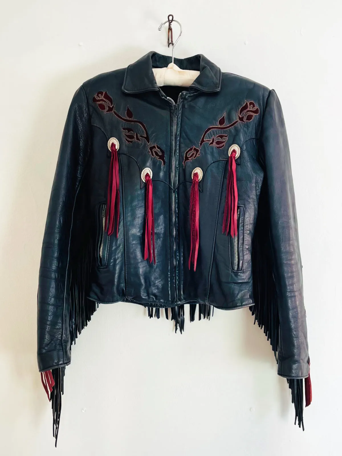 Vintage Black Leather Fringe Rose Jacket