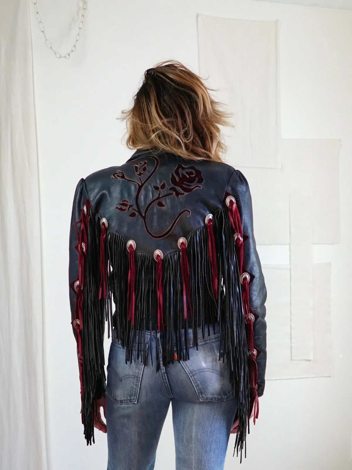 Vintage Black Leather Fringe Rose Jacket