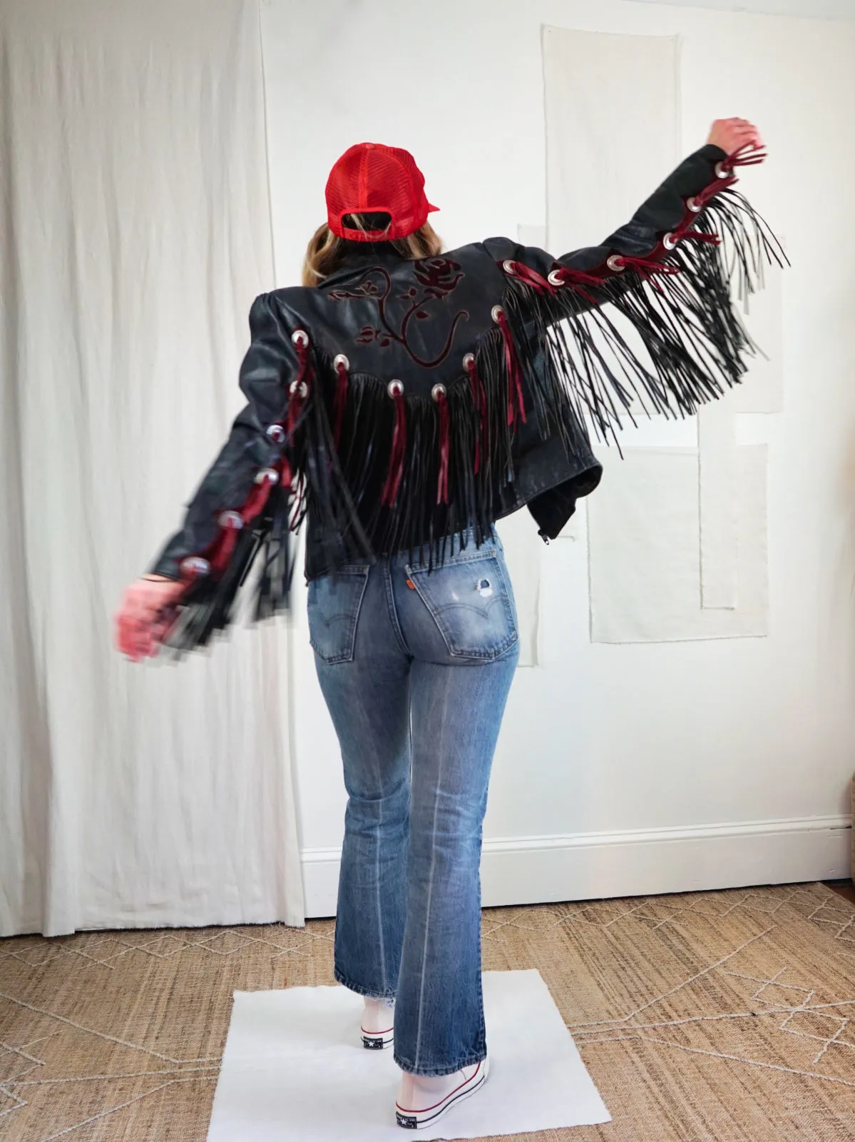 Vintage Black Leather Fringe Rose Jacket