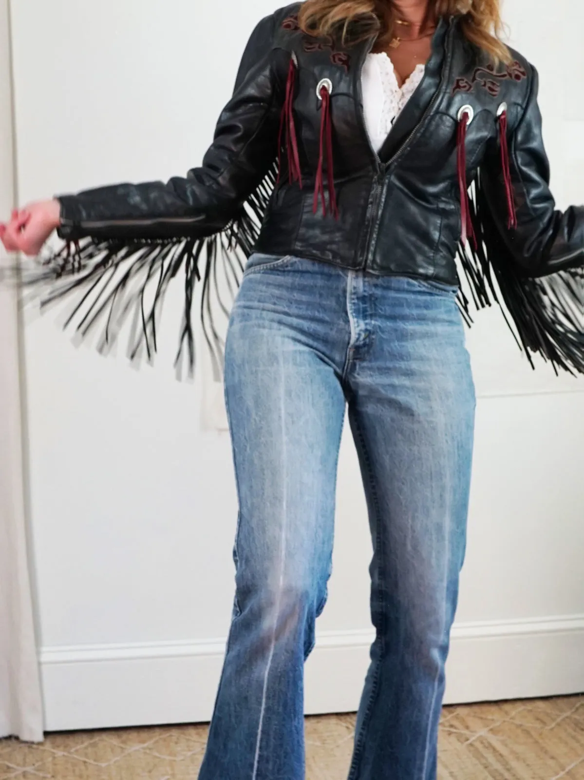 Vintage Black Leather Fringe Rose Jacket