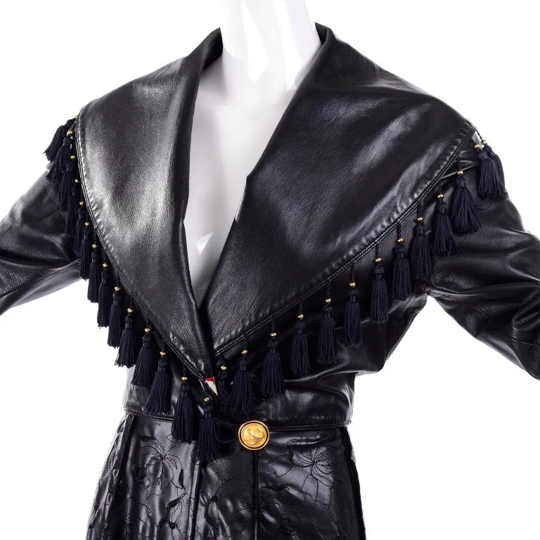 Vintage Gianni Versace Black Leather Coat Embroidered w/ Tassels