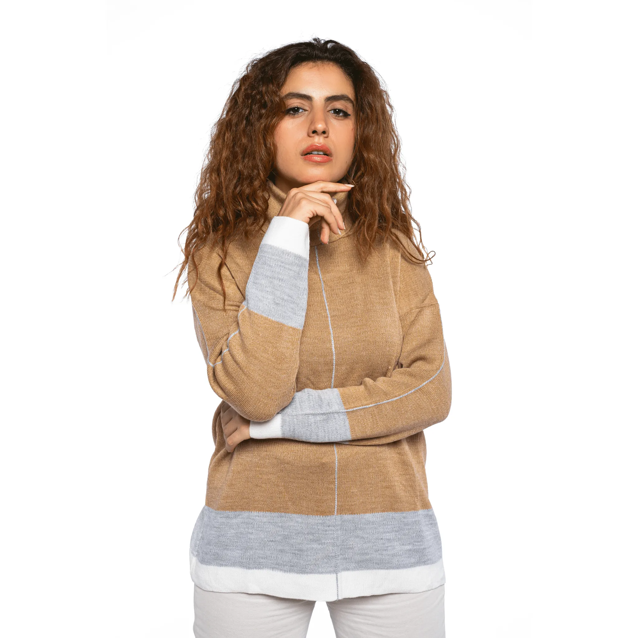 Women - High Collar Pullover - Beige