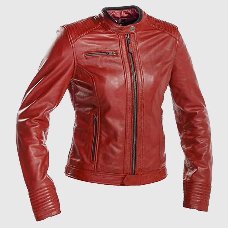 Women Red Leather Fashion Ladies Leather Jacket