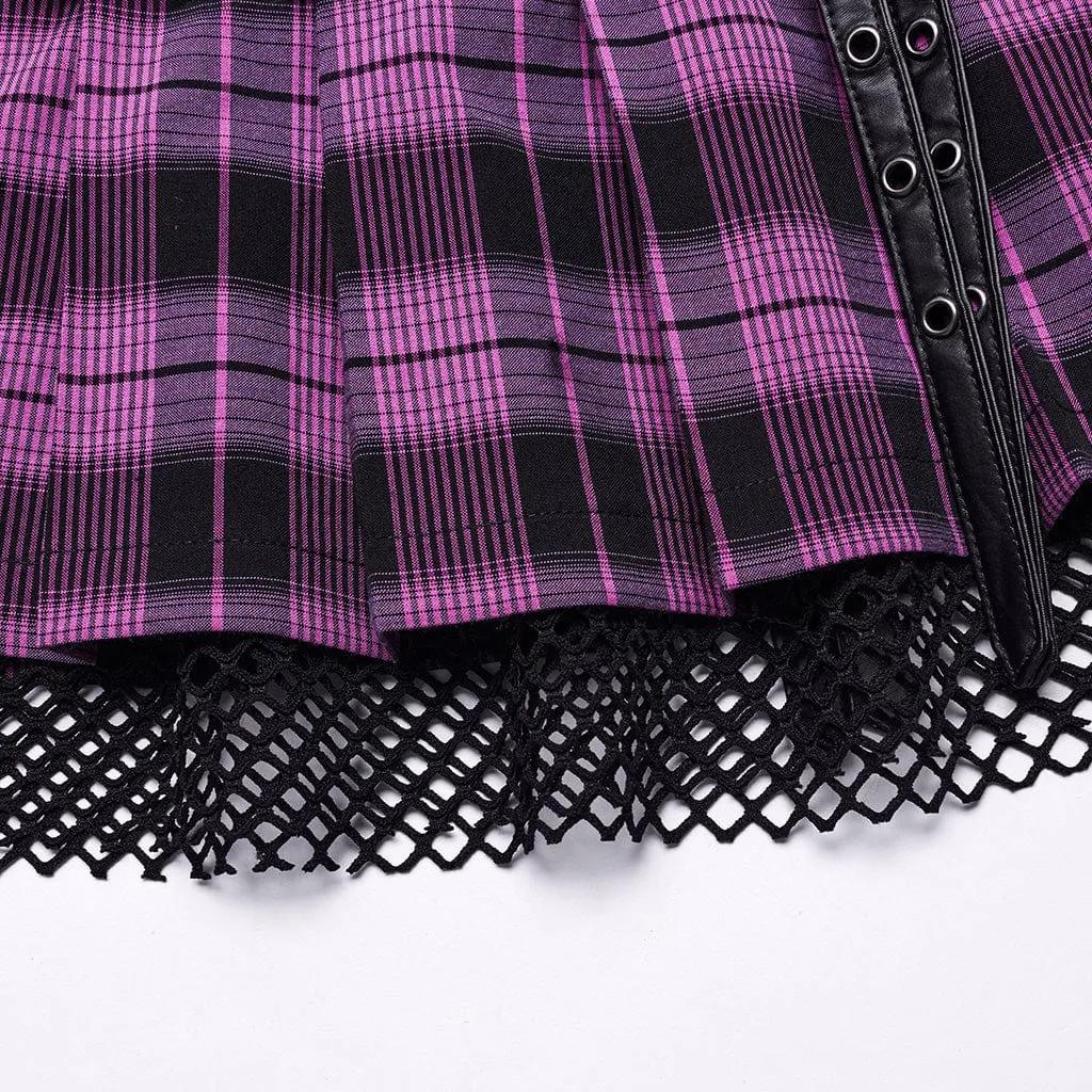 Women's Grunge Plaid Eyelet Mesh Ring Pleated Skirt Violet