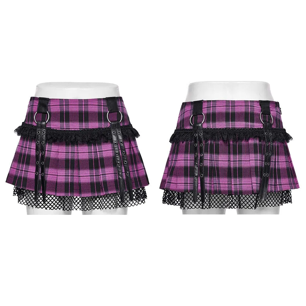 Women's Grunge Plaid Eyelet Mesh Ring Pleated Skirt Violet