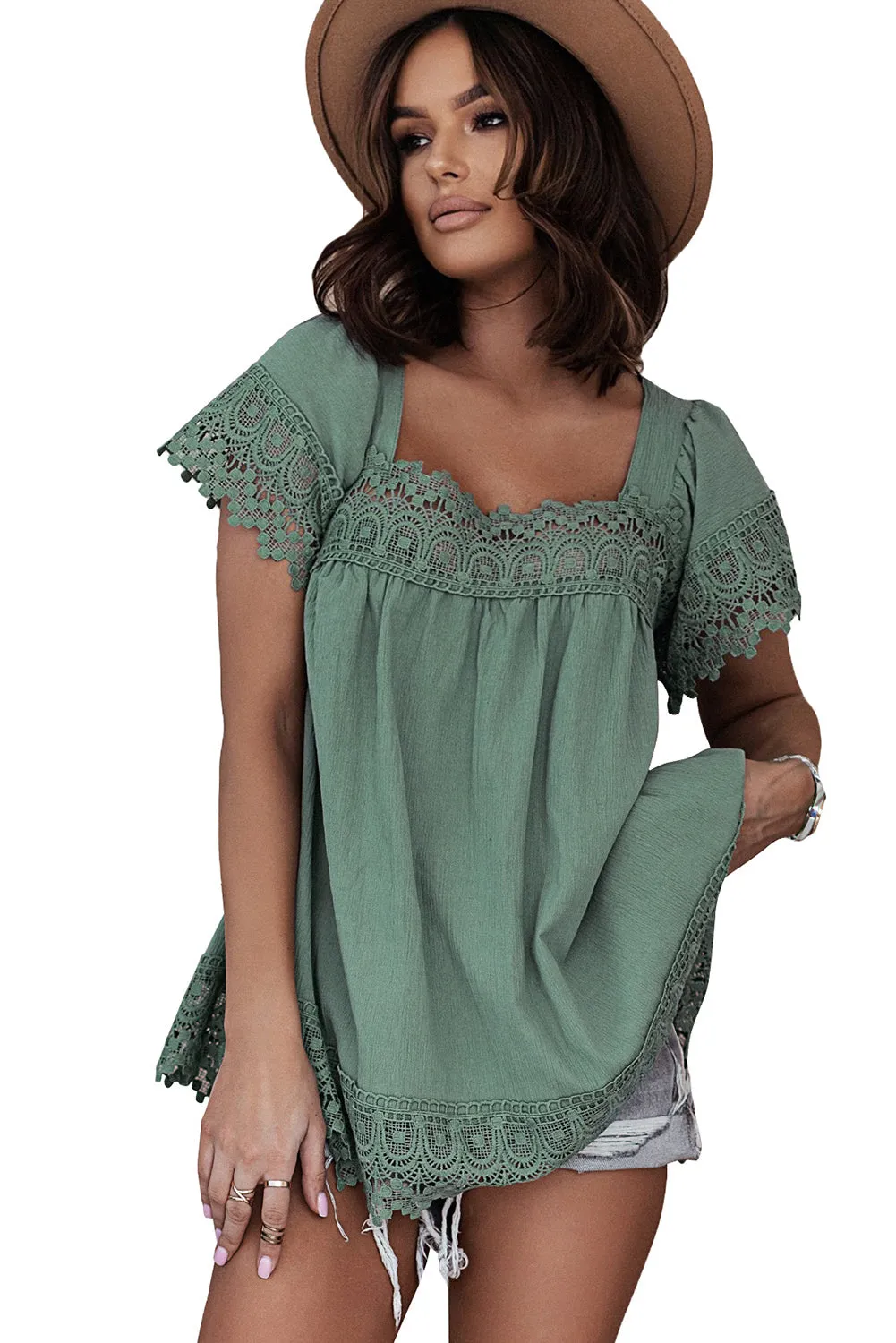 Womens Lace Top Pom Pom Splicing Square Neck Blouse