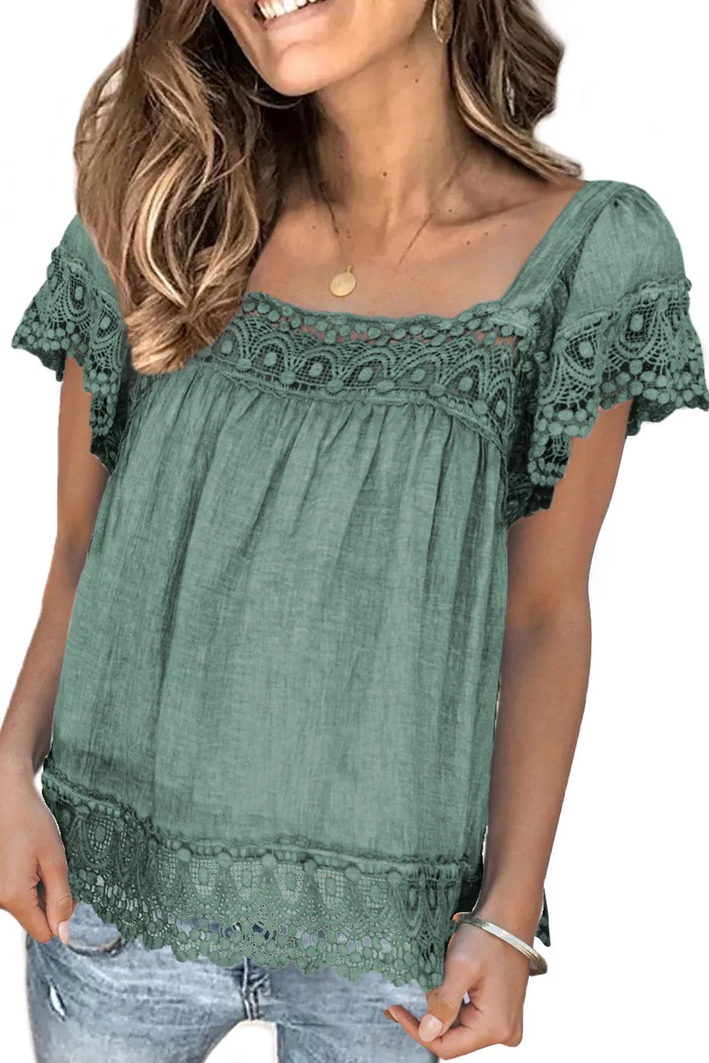 Womens Lace Top Pom Pom Splicing Square Neck Blouse