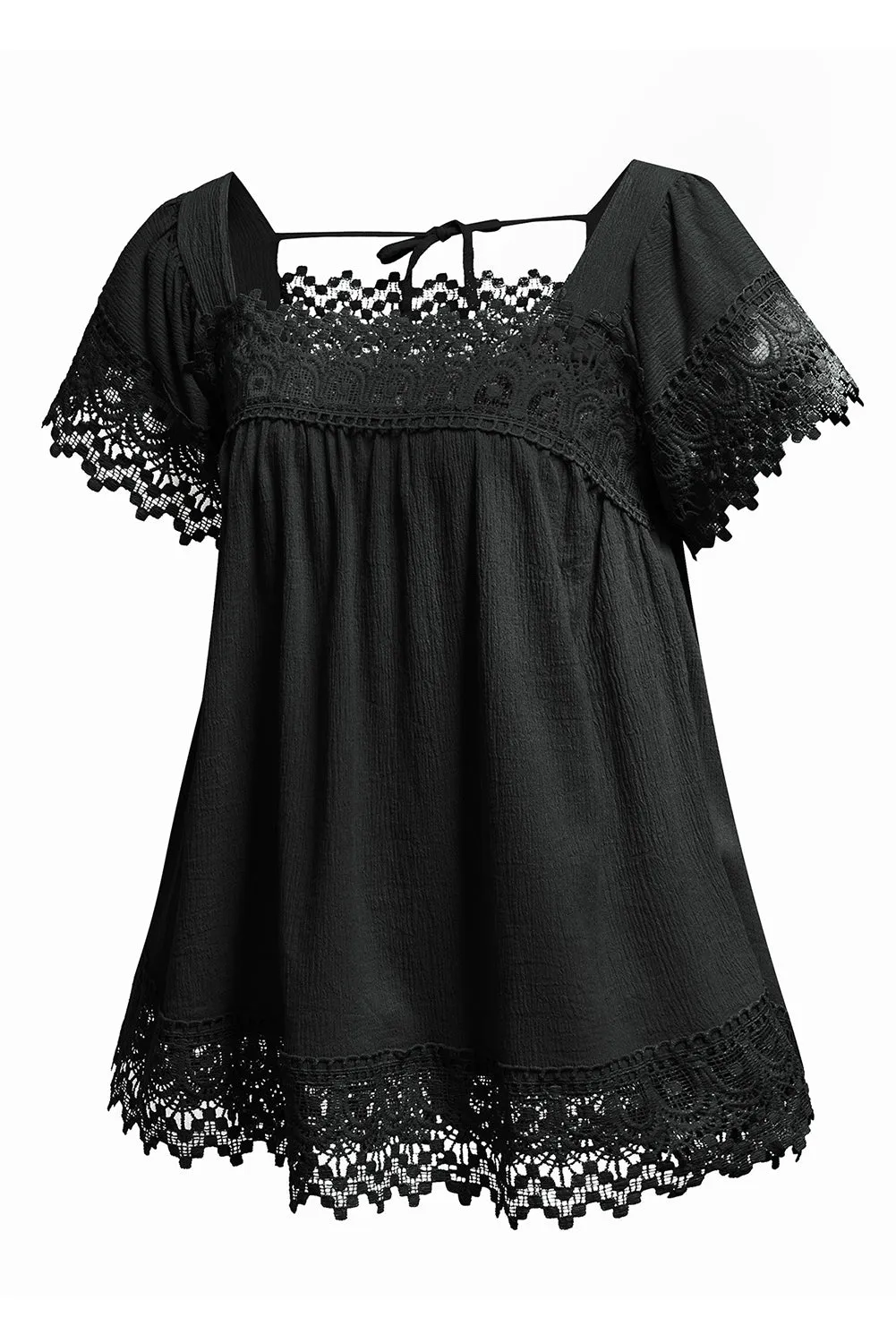 Womens Lace Top Pom Pom Splicing Square Neck Blouse