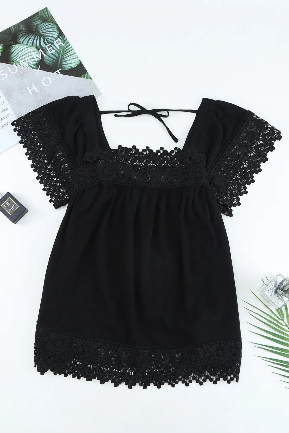 Womens Lace Top Pom Pom Splicing Square Neck Blouse