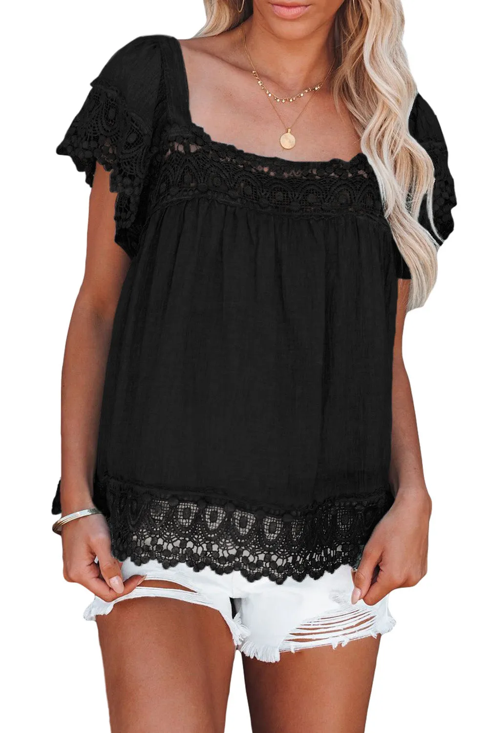 Womens Lace Top Pom Pom Splicing Square Neck Blouse