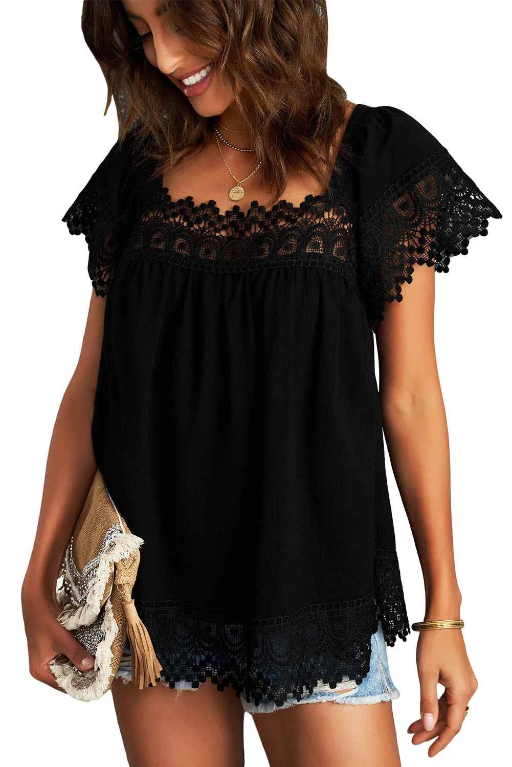 Womens Lace Top Pom Pom Splicing Square Neck Blouse