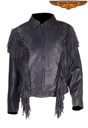 Women's Leather Jacket With Zipper Cuffs & Classic Collar